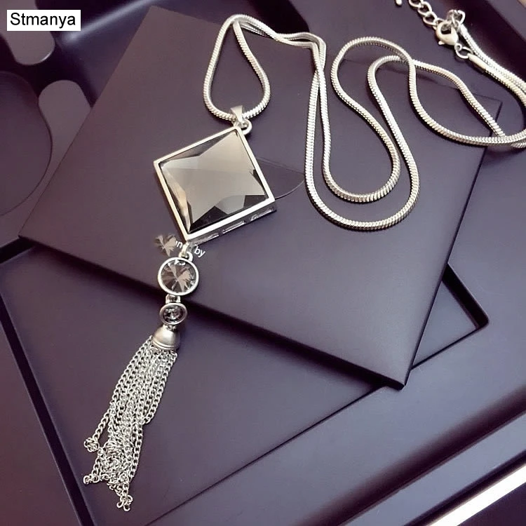

Hot New Fashion Top quality square crystal pendants Necklace long tassel necklace women fashion jewelry wholesale N1067