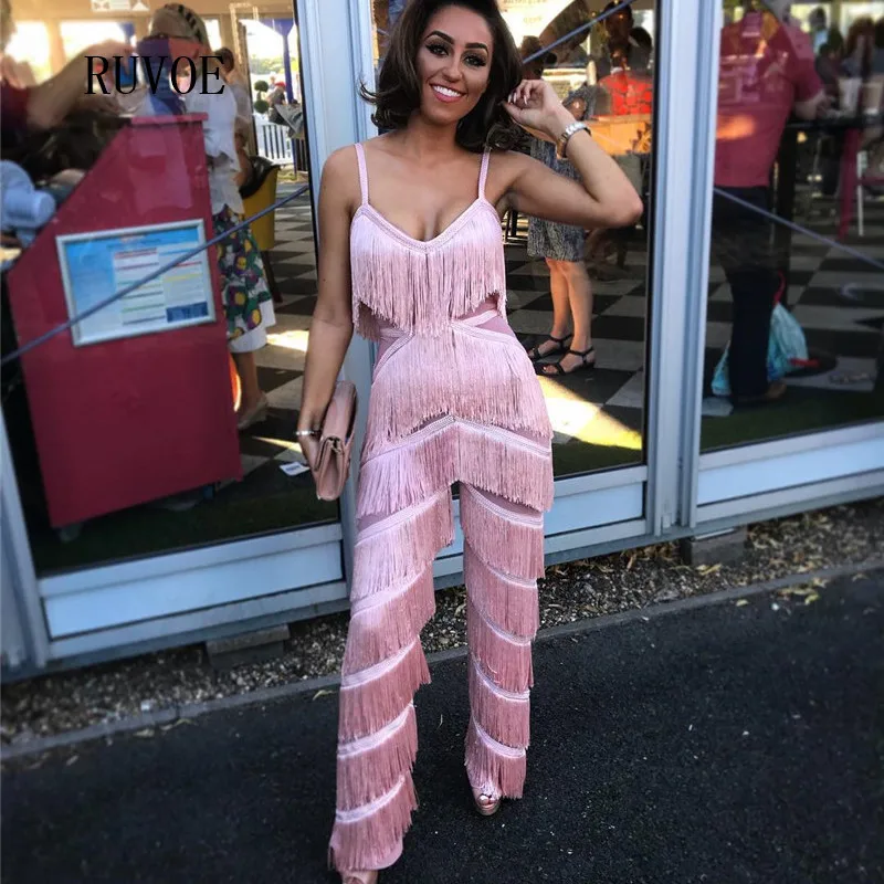 New Pink Rompers Womens Jumpsuit Tassel Sexy Straps solid Jumpsuit