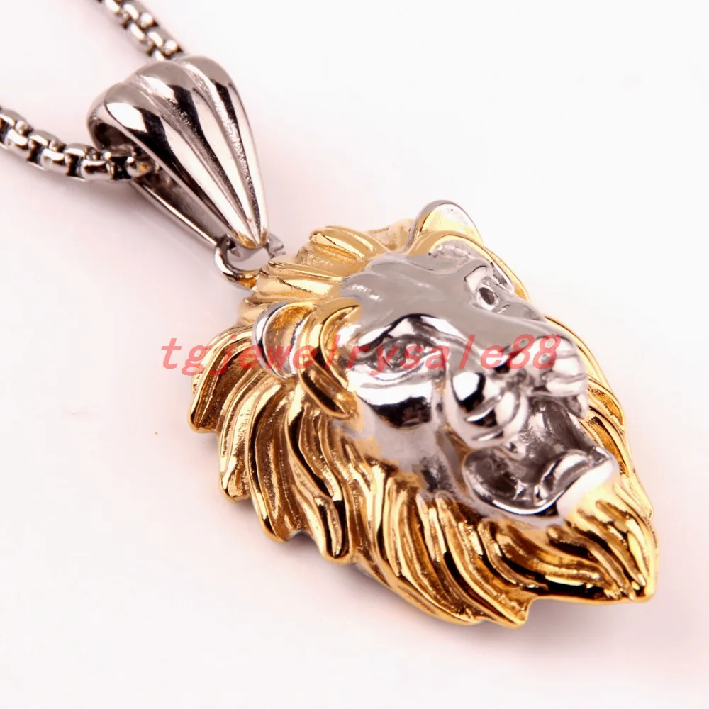 

New Biker Men's Cool Lion Head Pendant Fashion Stainless Steel Box Chain Necklace 24" Popular Silver Gold Tone Pendant Choker