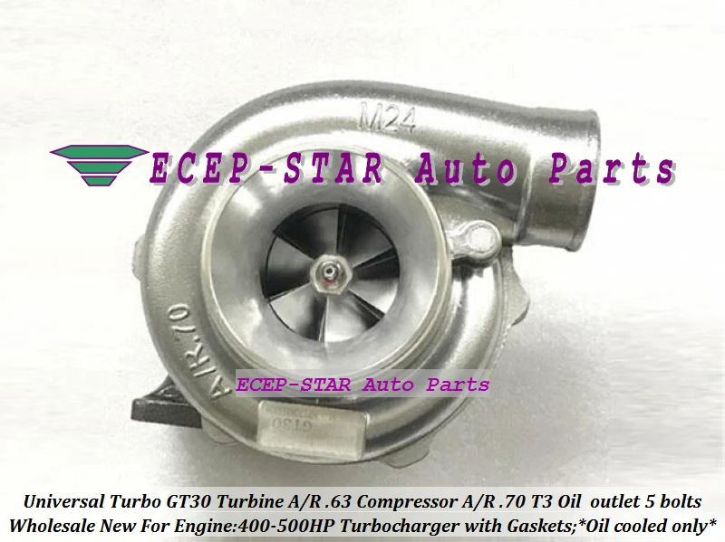 Universal Turbo Turbocharger GT30 Turbine AR .63 Compressor AR .70 T3 Oil cooled outlet 5 bolts 400HP-500HP Gaskets (1)