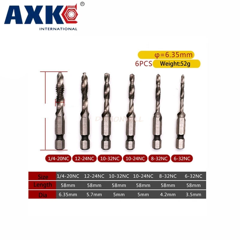 

1/4'' Hex Shank Combination Drill HSS Screw Spiral Point Tap Drill Bit 3.5mm-6.35mm6Pcs