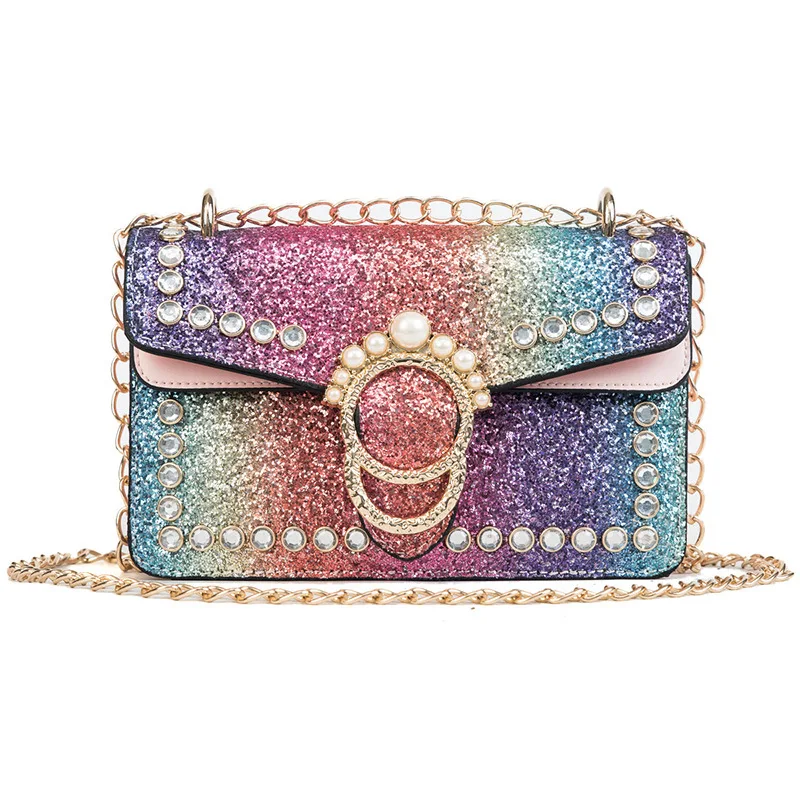 2018 Spring And Summer New Fashion Rainbow Sequins Handbags Sparkling Shoulder Messenger Bag Pearl Bling Small Package In Bags From