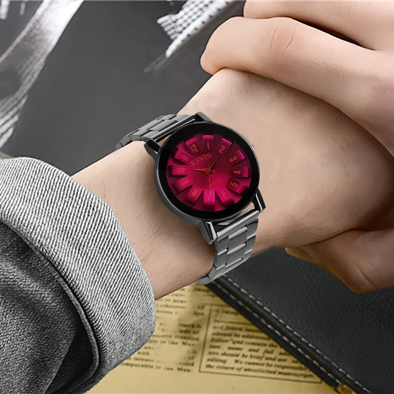 Black Steel Watch Men KEVIN Brand Casual Japan Quartz Watches Man Woman Crystal Purple Red Hours Clock Male Ladies Wrist Watches 2019 (20)