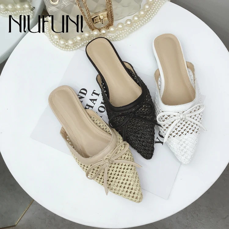 

NIUFUNI Summer Rattan Slippers Mixed Colors Casual Indoor Floor Shoes Home Slipper Bow Women Pointed Toe Slippers Flat Shoes