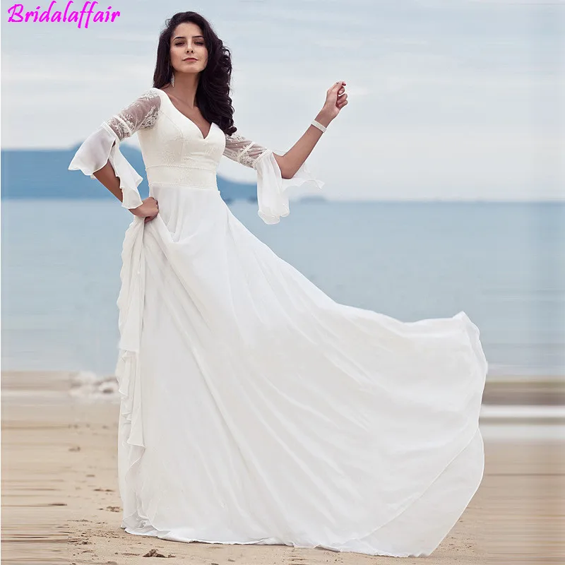 

Women White Long Bridal Dresses 2019 Women Sexy Deep V Lace Chiffon A-Line Cheap Lady Wedding Dress vestido de noiva boho