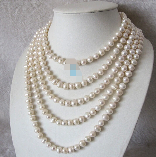 

S999 100" 7-9mm White Freshwater Pearl Strand Necklace (B0409)