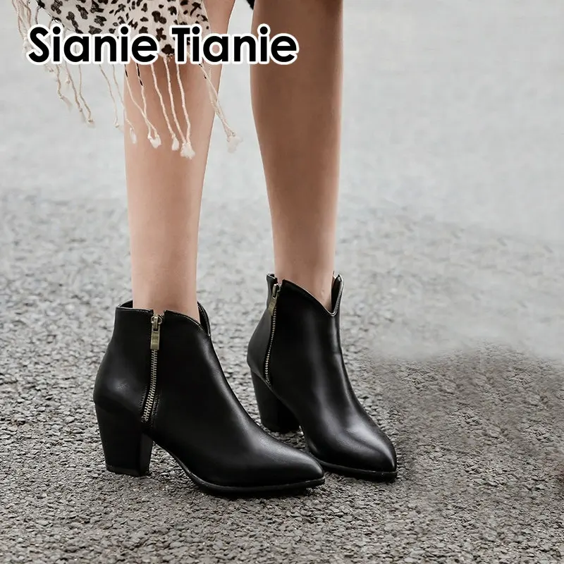 

Sianie Tianie 2019 winter autumn woman chunky high heels female pump shoes V-cut ladies elengat ankle boots fashion martin boots