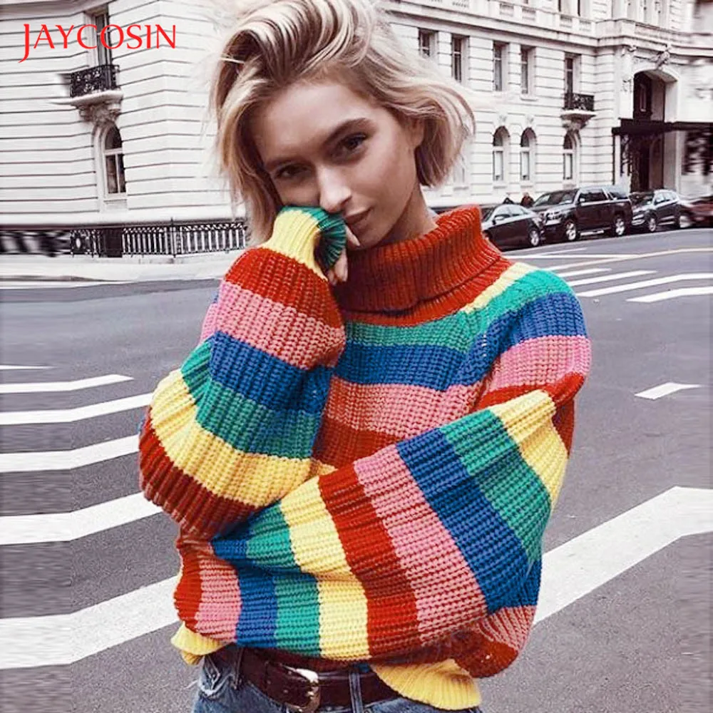 

Jaycosin Clothes Women Autumn Winter Turtleneck Rainbow Sweater Women Knitted Long Sleeve Warm Striped Pullover Sweater