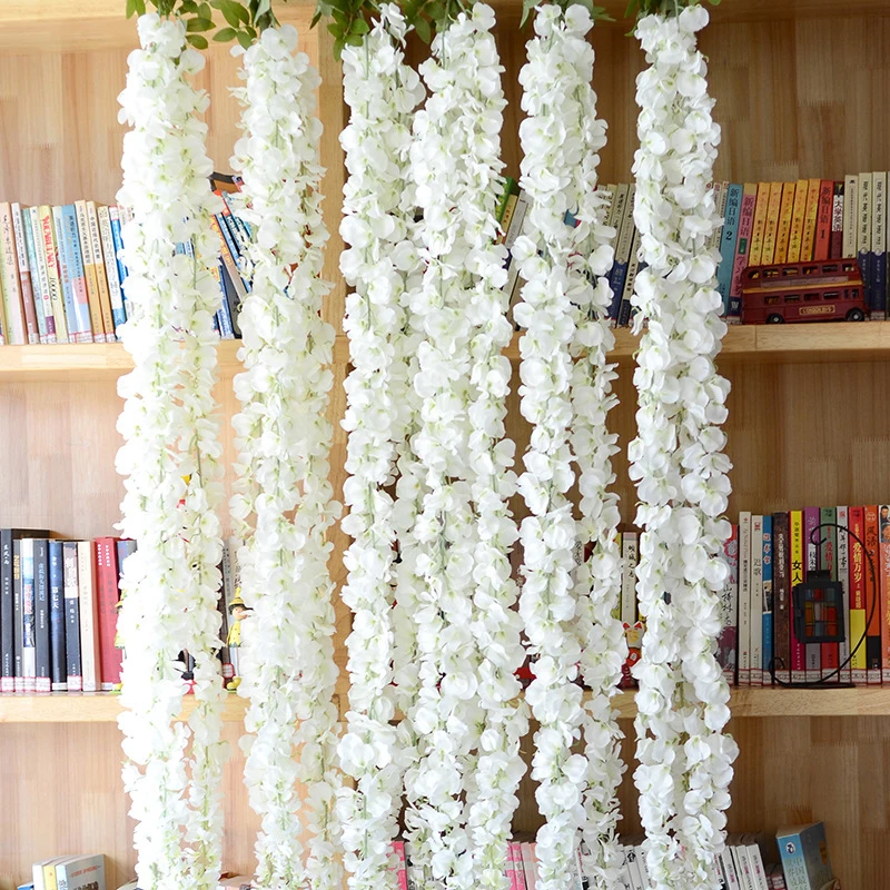 

Popular Home Decor White Wisteria Flowers Vine Artificial Flower Plastic Garland Vine Artificial Flowers Wall