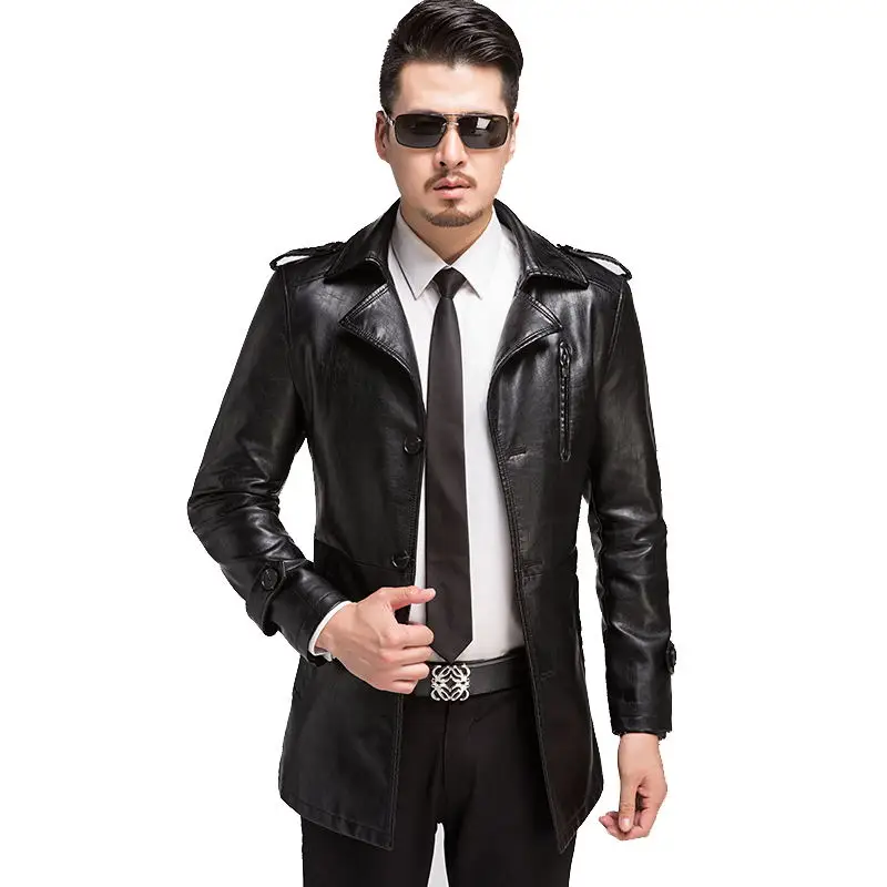 2018 winter high quality PU leather black trench coat men, solid slim modern men's brown jacket,size M,L,XL,XXL,XXXL,XXXXXL