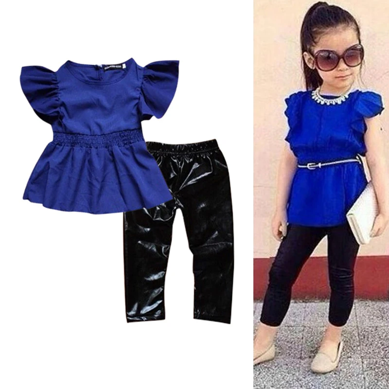 

Children Clothing Sets Fashion Baby Girls Clothes Sets Blue Blouse Dress+Black Leggings 2 Pcs Baby Clothes