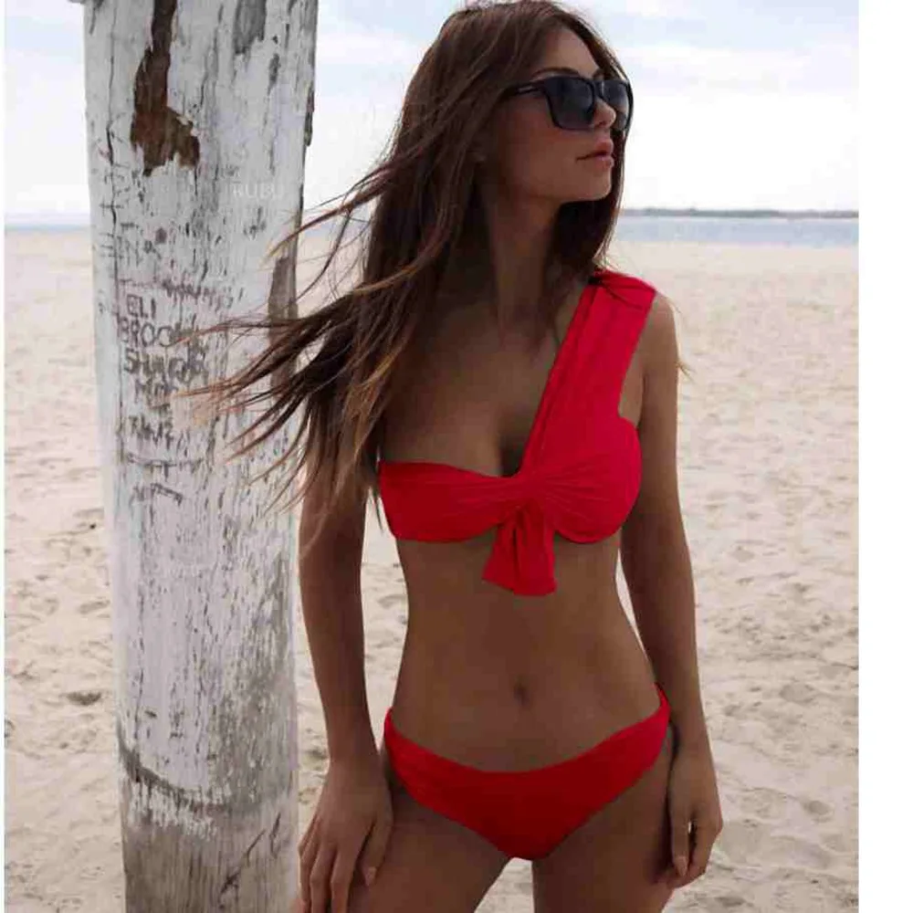

Solid Bikini push up off shoulder bikini Brazilian knotted swimsuit women ring swimwear high leg swimsuit high waisted bikinis