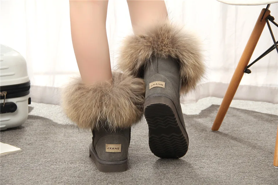 JXANG/Модные женские зимние сапоги из натурального Лисьего меха; женские ботинки из натуральной коровьей кожи; женские теплые зимние ботинки