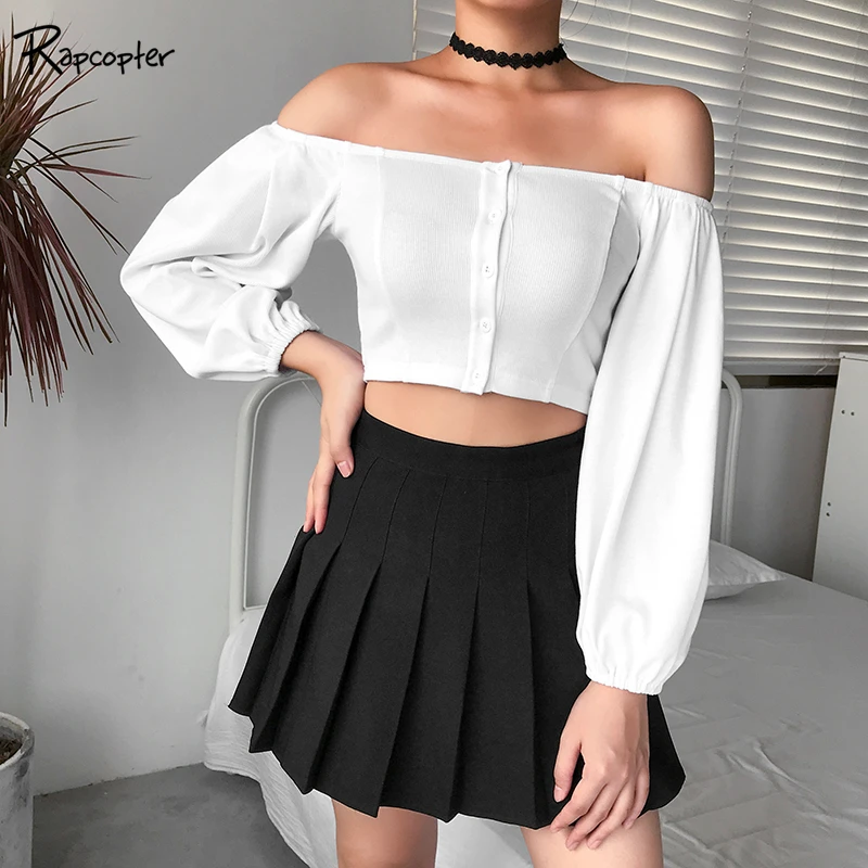 

Rapcopter Knitted Womens White Solid T Shirt Korean Style Slash Neck Long Puff Sleeve Cropped Tshirts Casual Backless Tee Shirts