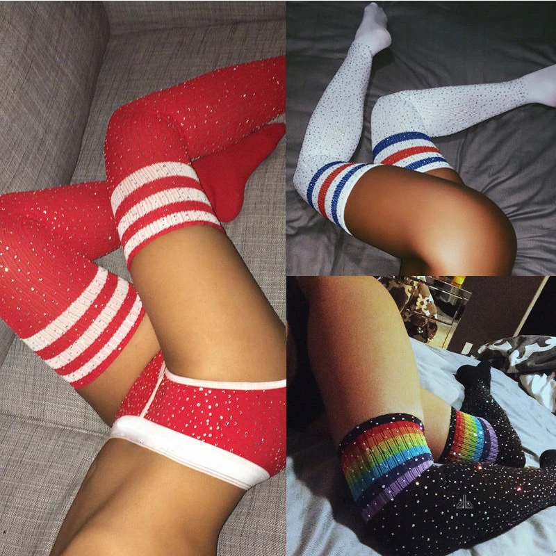

Cotton Striped Diamond Knee Socks Women Drill Socks Long Sexy Rainbow Stripes High Knee Socks Bottoming Socks Black Female Girl