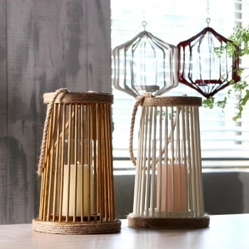 

Vintage wicker rattan rope wooden candlestick wind lamp modern bar garden meal living room creative decoration ornaments