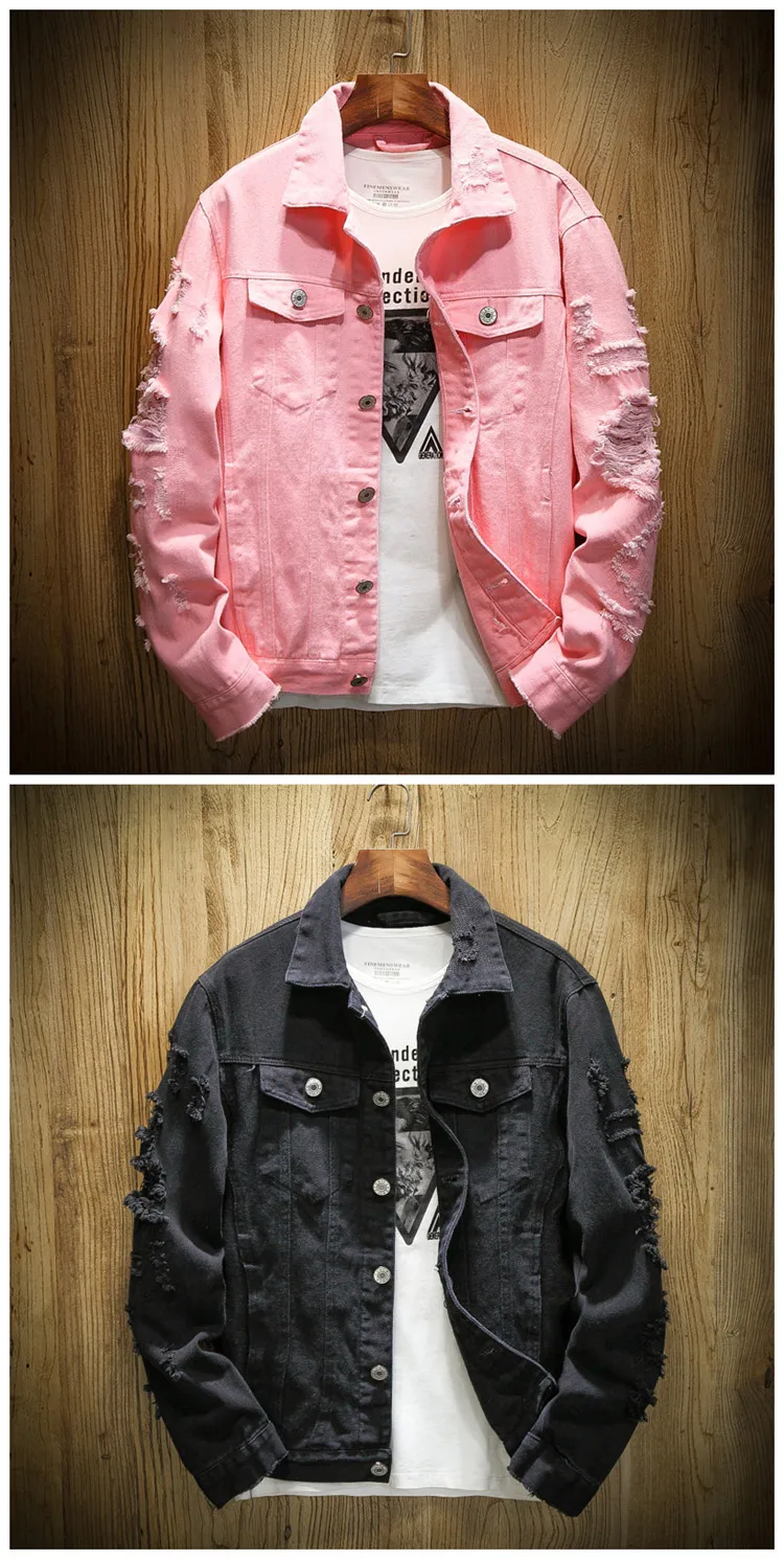 Джинсовая куртка для мужчин с дырками, мужские розовые джинсовые куртки, новинка, мытье одежды, мужские джинсовые пальто, дизайнерская одежда, мужская джинсовая куртка