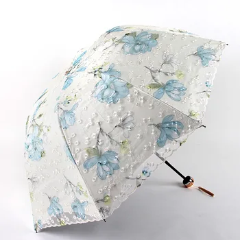

Double Layer Anti UV Embroidery Lace Fabric Umbrella Lady Princess Parasol Black Coating Inside Two Fold Hand Open Umbrella