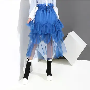 

Korean version spring autumn Empire female blue Mesh Ruffles skirt fashion Mid-Calf causal Ball Gown woman skirt Streetwear skir