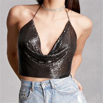 

2018 Sexy Summer Cop Top Sequins Metal Halter Cropped Top Backless Harness Tube Deep V Neck Cropped Top Female