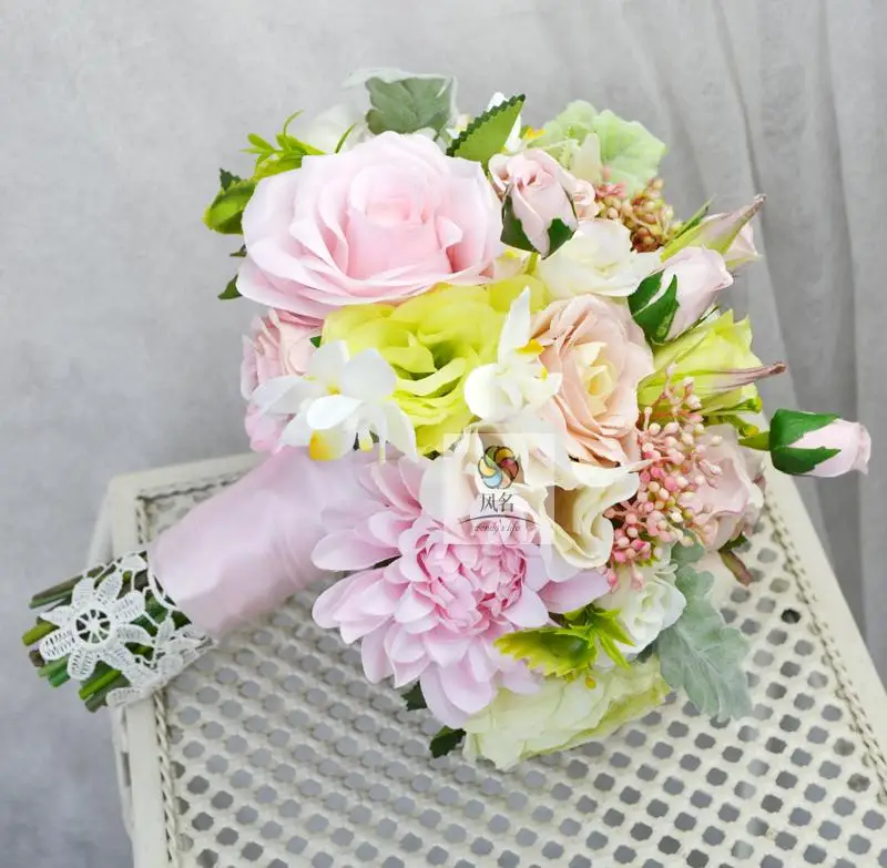 

Handmade Wedding Bouquets Floral Bridal Bridemaids Bouquet Green Pink Color Artificial Flowers Holding Flower Wedding Supplies