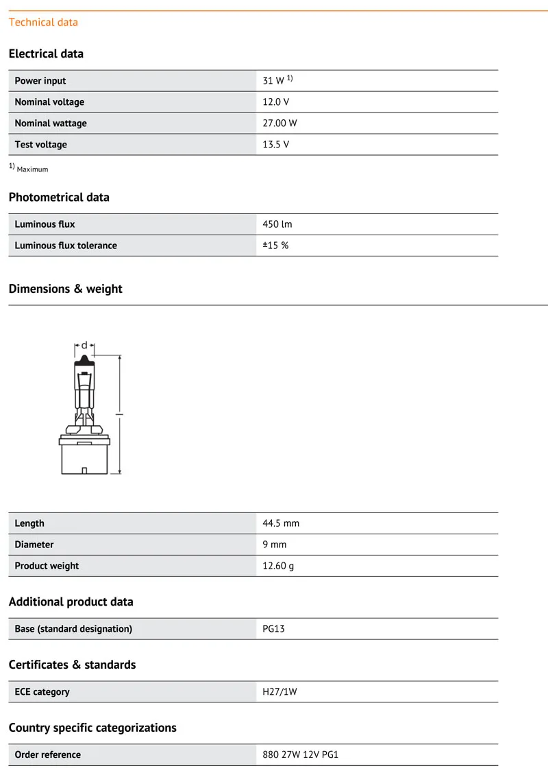 OSRAM 880 H27/1 W 12V 27W 3200K PG13 галогенная оригинальная противотуманная фара стандартное освещение лампы авто лампа УФ-фильтр, 1X