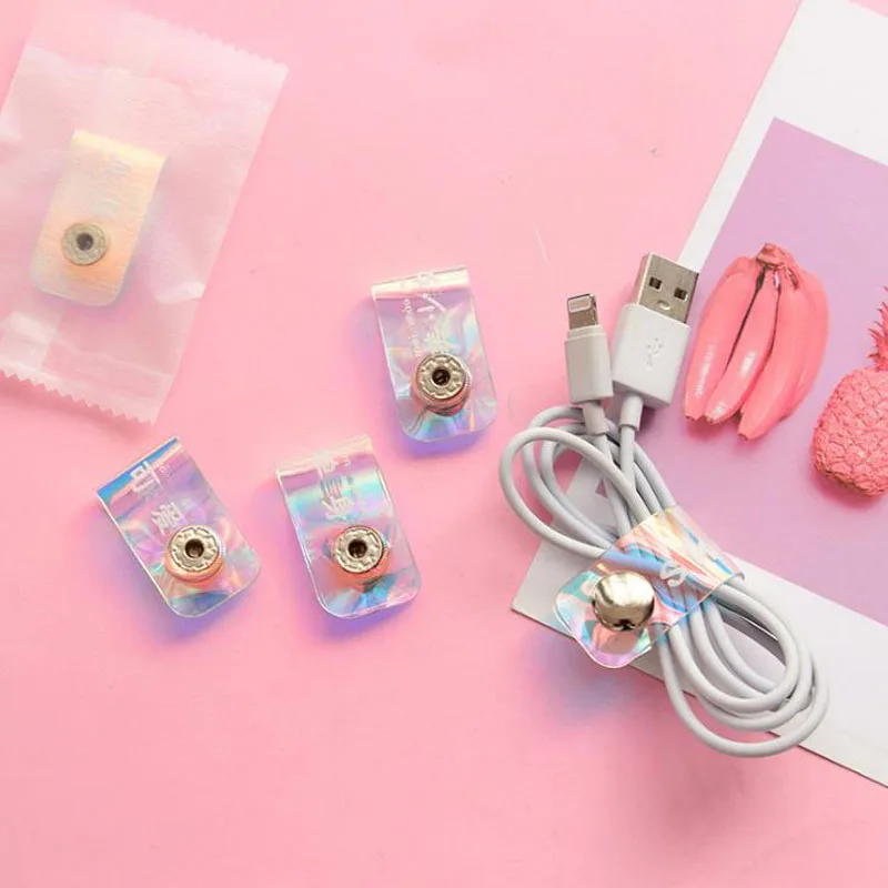 

5 Pcs/set Cute Line Clip Winder PVC Laser Snap Button Portable Earphone Data Cable Storage Buckle Organizer Stationery Holders