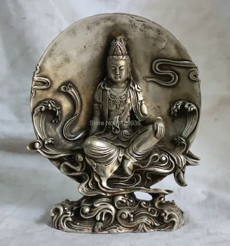 

8" Chinese Buddhism Silver Seat Round moon Kwan-yin Guan Yin Goddess Statue