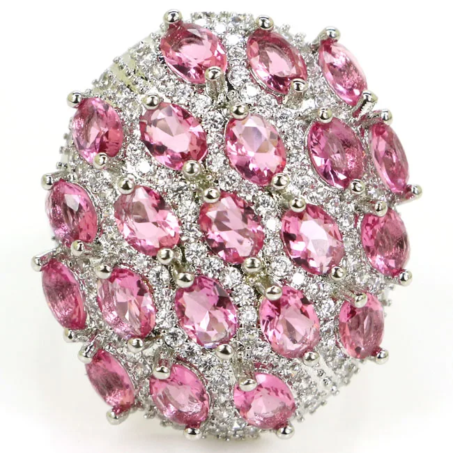 

7.0# SheCrown Beautiful Pink Tourmaline White CZ 925 Silver Ring 24x20mm