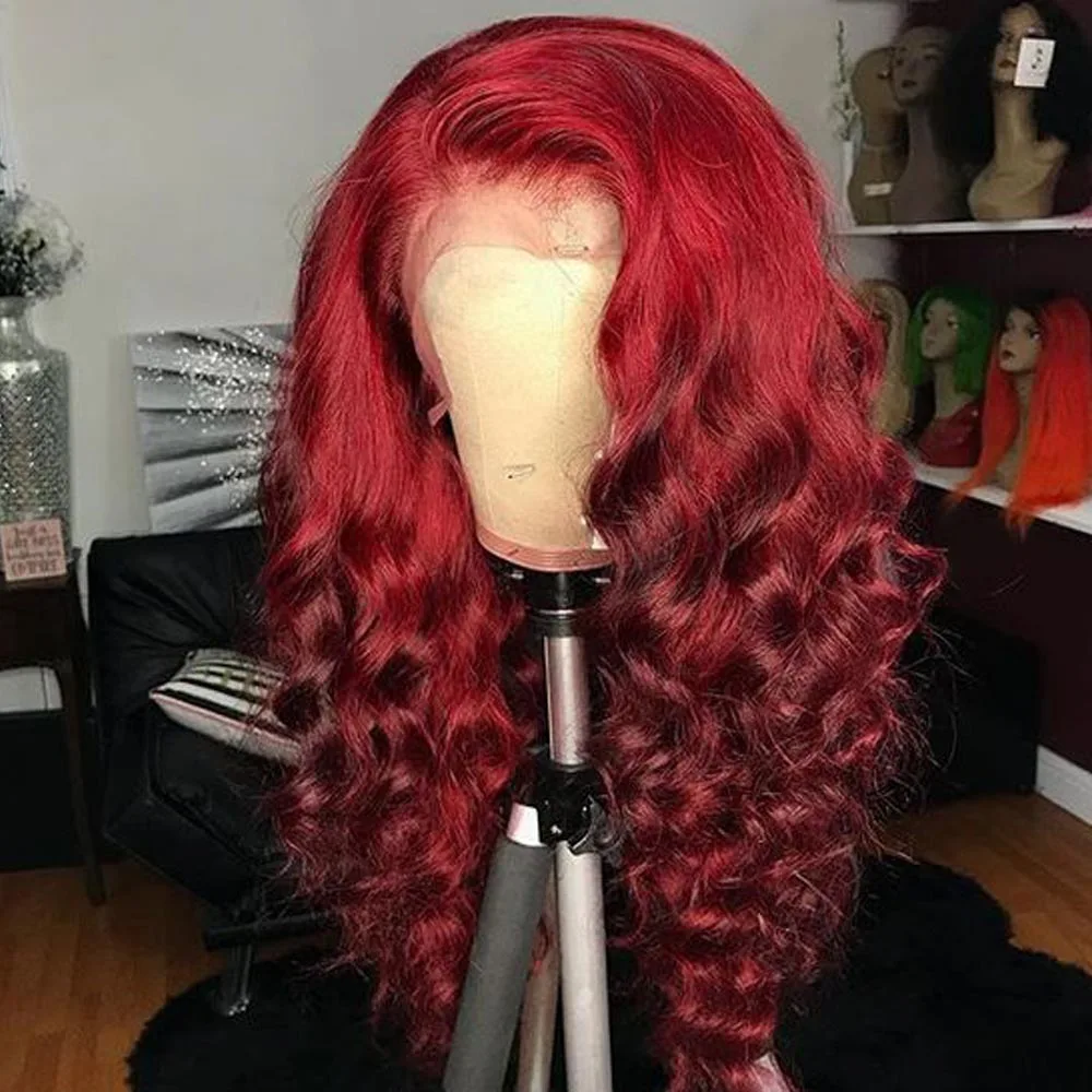 Натуральные Рыжие волосы парики Волнистые Синтетические волосы на кружеве Коло Натуральные Рыжие волосы парики 13x6 глубокий часть бордовый красный Синтетические волосы на кружеве Парики 150 плотность Remy