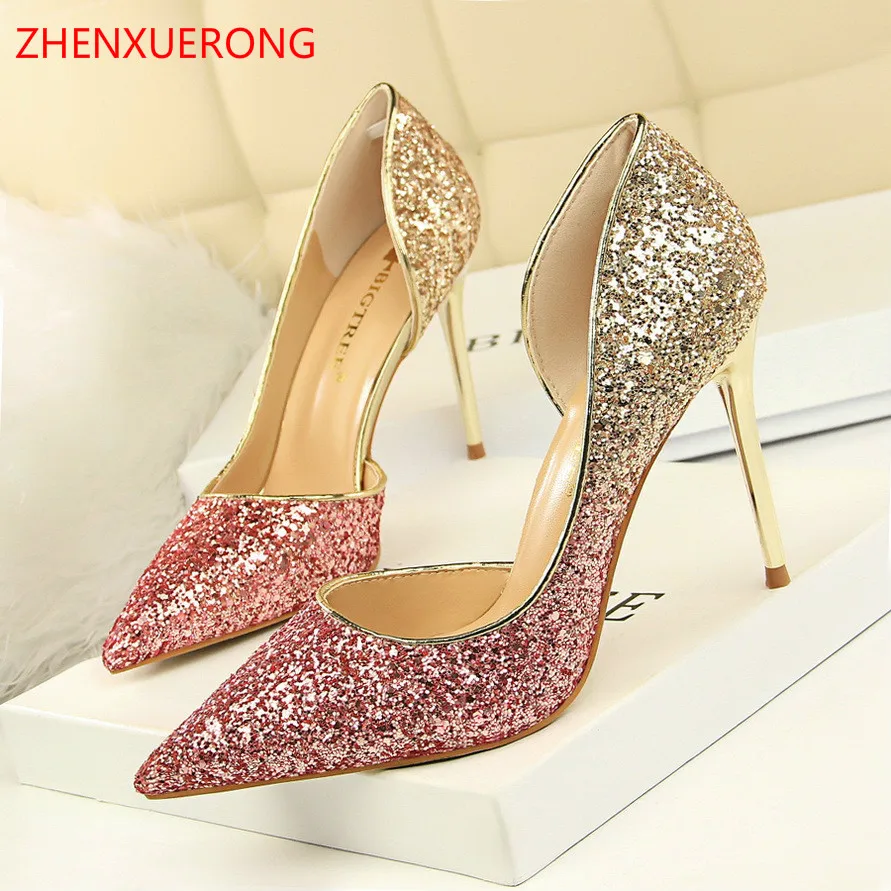 

Europe United States High-heeled Shallow Mouth Pointed Sexy Nightclub Was Thin Color Gradient Color Sequins Side Hollow Shoes