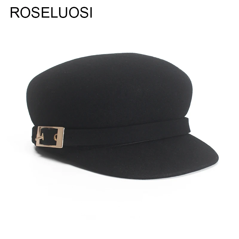 

ROSELUOSI Autumn Winter Wool Military Hats For Women Fashion Black Military Cap Female Flat Top Hat Gorras