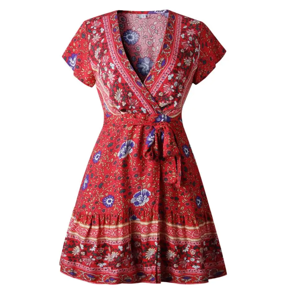 TIGENA, сексуальная туника с запахом, Пляжное летнее платье для женщин, новинка, цветочный принт, богемное, бохо, мини короткое летнее платье и сарафан для женщин - Цвет: Красный