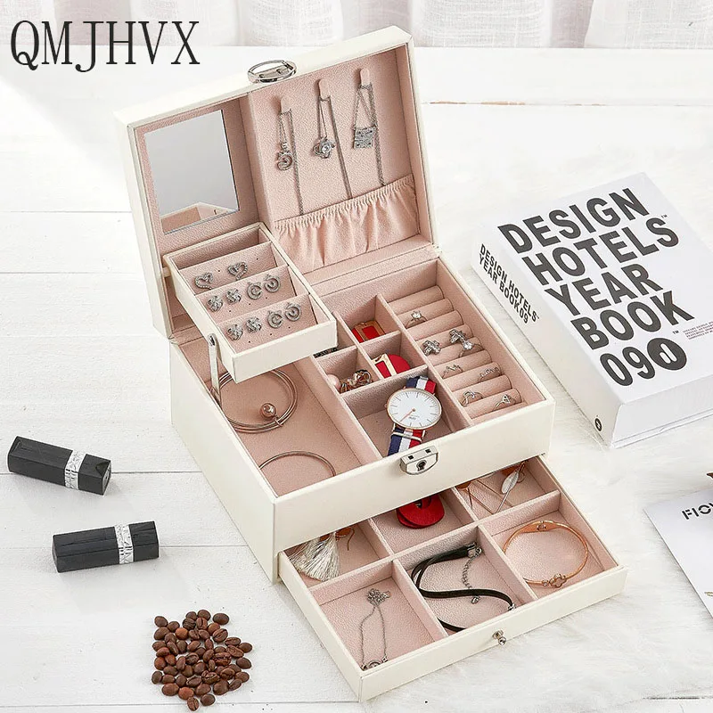 QMJHVX Automatic Leather Jewelry Box Three-layer Storage For Women Earring Ring Cosmetic Organizer Casket Decorations | Дом и сад
