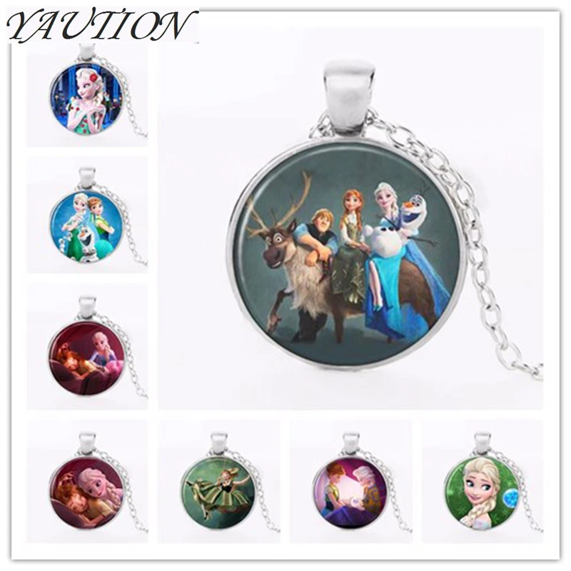 

Elsa Anna Olaf fever pendant cartoon necklaces girl jewelry round necklace women girls gift for children silver neck lace