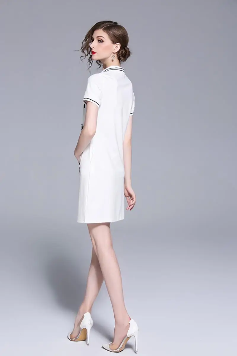 New Arrival 2018 Brand Clothing Summer Short Sleeved T-shirt Dress Women Embroidery Beading Casual White POLO Shirt Dress S-XXL