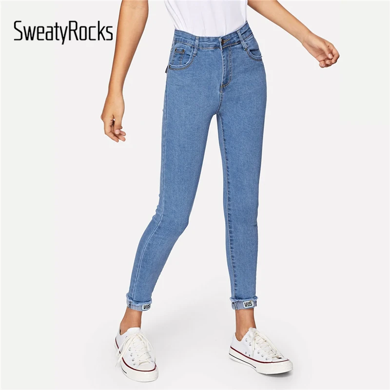 Однотонные обтягивающие джинсы SweatyRocks, уличная одежда, синие женские джинсы с высокой талией, весенние повседневные зауженные джинсы с потертостями по краям