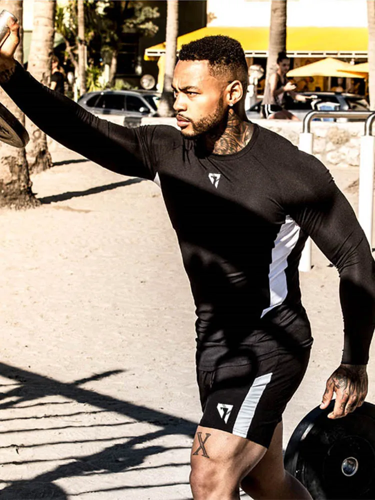 GYMOHYEAH Two Piece Set Men T Shirt Top+Shorts Men Tracksuits Quick-drying compression Causal Sportswear Tops Short Trousers
