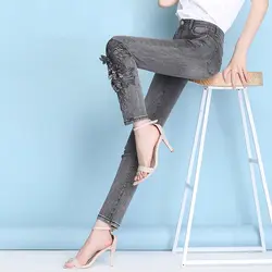 Осенние кружевные вышитые расклешенные джинсы женские цветочные тонкие прямые джинсовые брюки дымчатые серые женские брюки до щиколотки