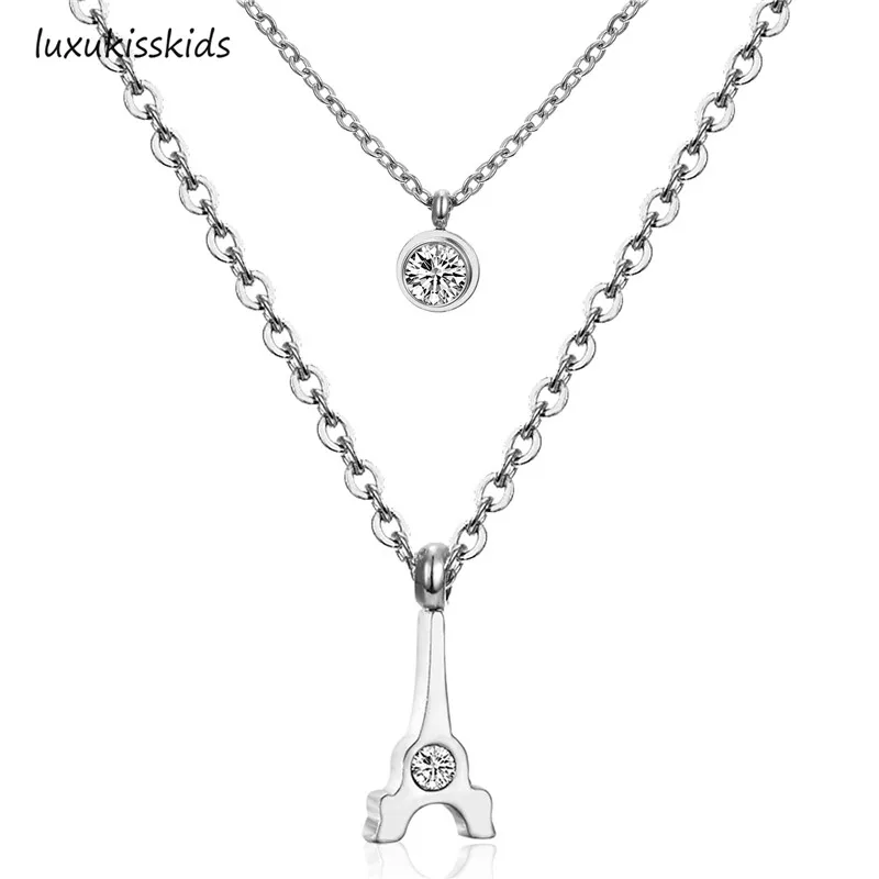 

LUXUKISSKIDS Crystal Round Bar Charm Gold Chain Double Necklace Multi Layer Necklaces Eiffel Tower Pendants Summer Jewelry