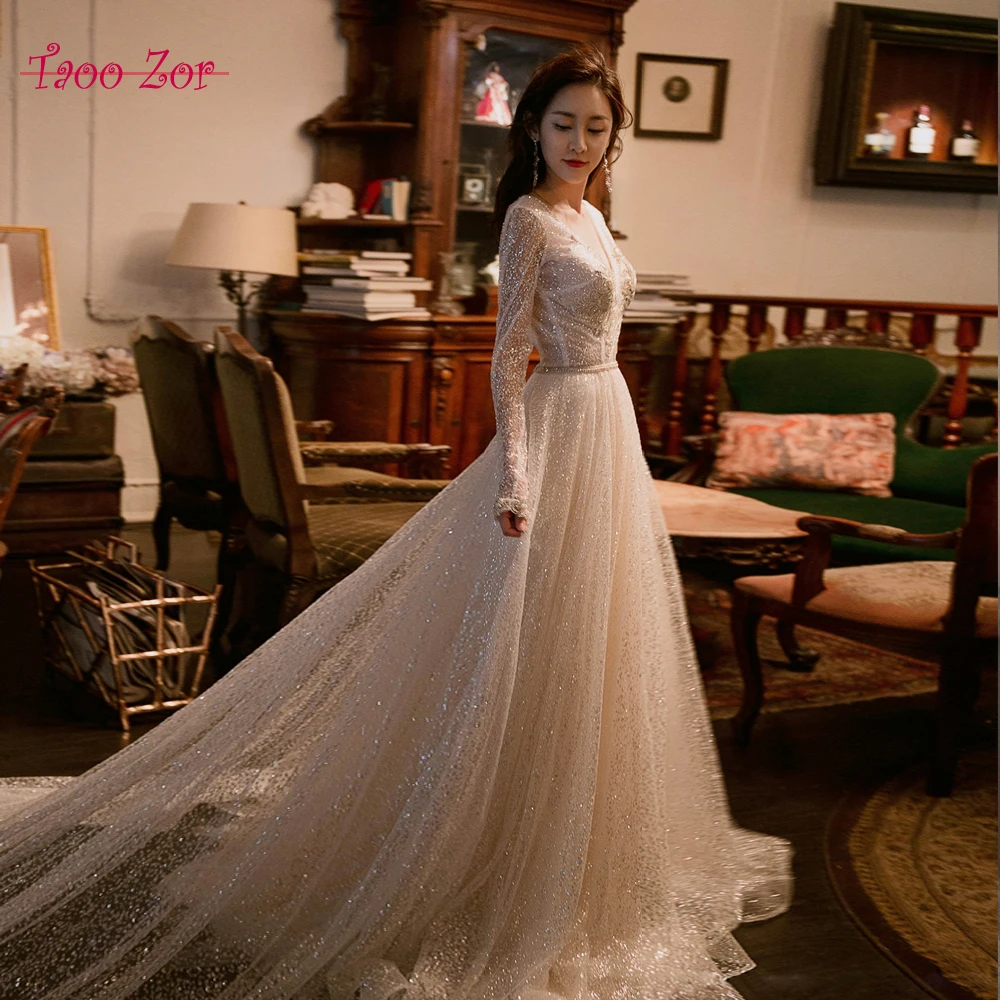 Taoozor удивительные блестящие Свадебные платья 2018 Лидер Продаж Bling-Line свадебное платье Турция Vestido De Noiva BODA платье невесты