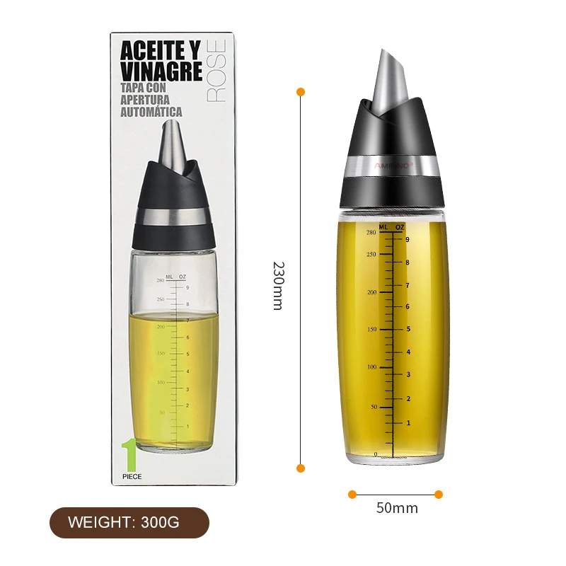 

YIBO 300ML Kitchen Oil Bottle Rose Scale Cruet Glass Stainless Steel Leak-Proof Soy Sauce Vinegar Cruet Storage Dispenser Tools