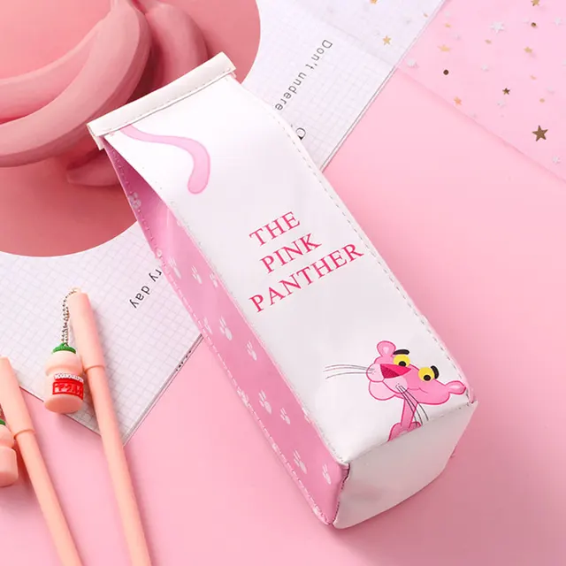 漫画ピンクパンサーミルクボトル鉛筆ケースかわいいペンバッグボックス文房具ポーチギフト女の子のための材料学用品アブラソコムツ Pencil Cases Aliexpress