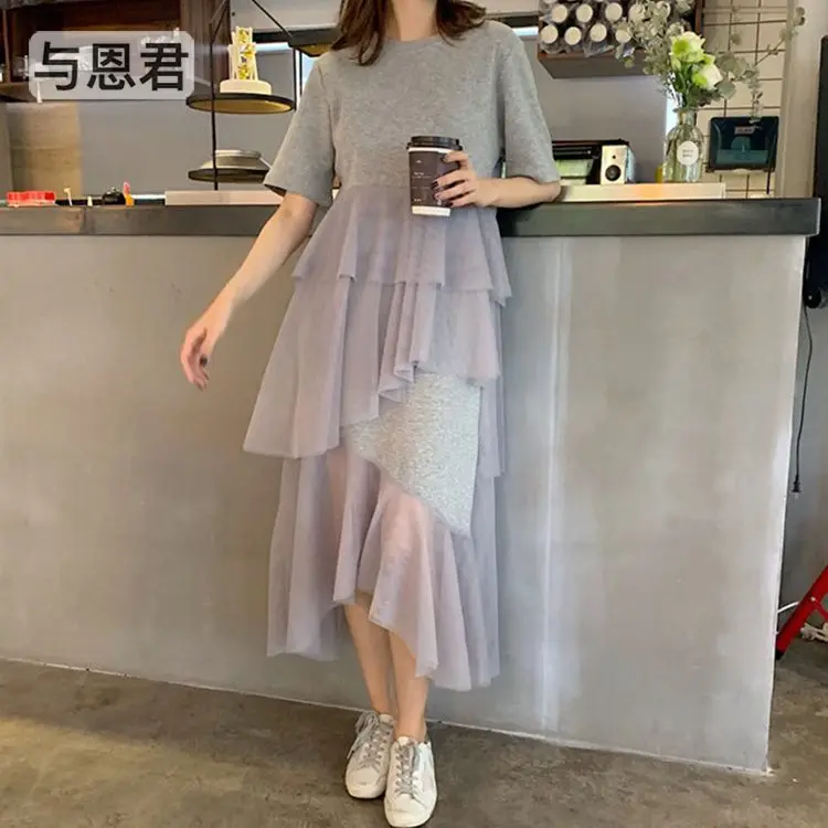 

New Fashion Short-sleeved Mesh Stitching Irregular Cake Dress
