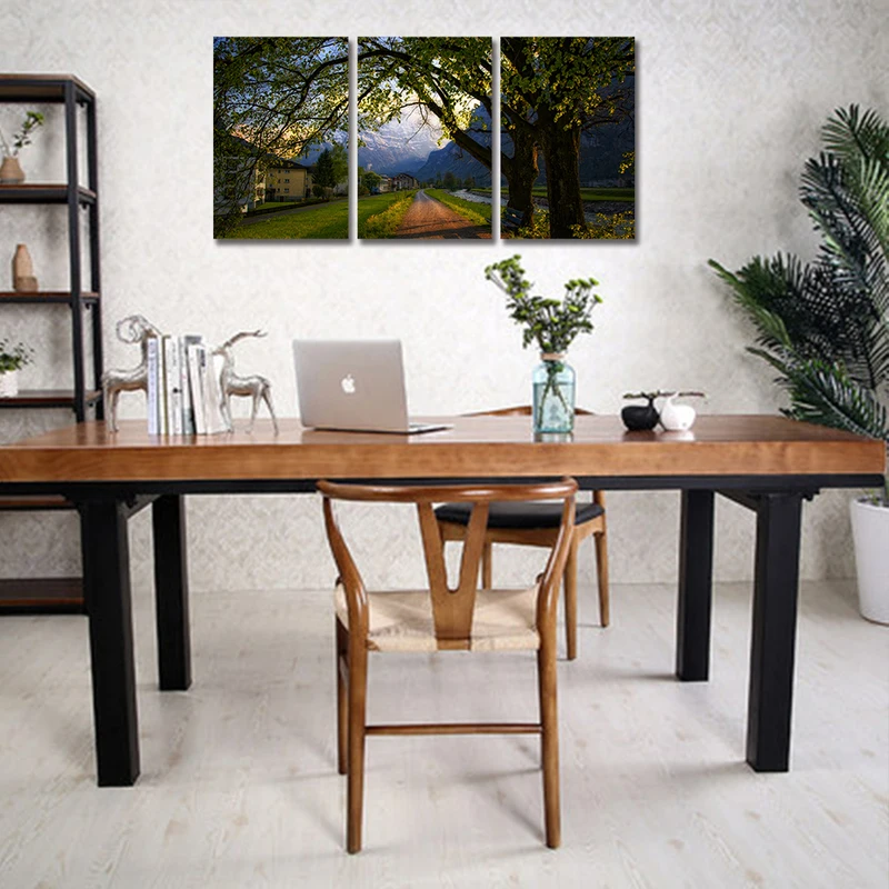 3 Panel Tree and Sunrise Oil Painting Green Tree Woods Canvas Prints (6)