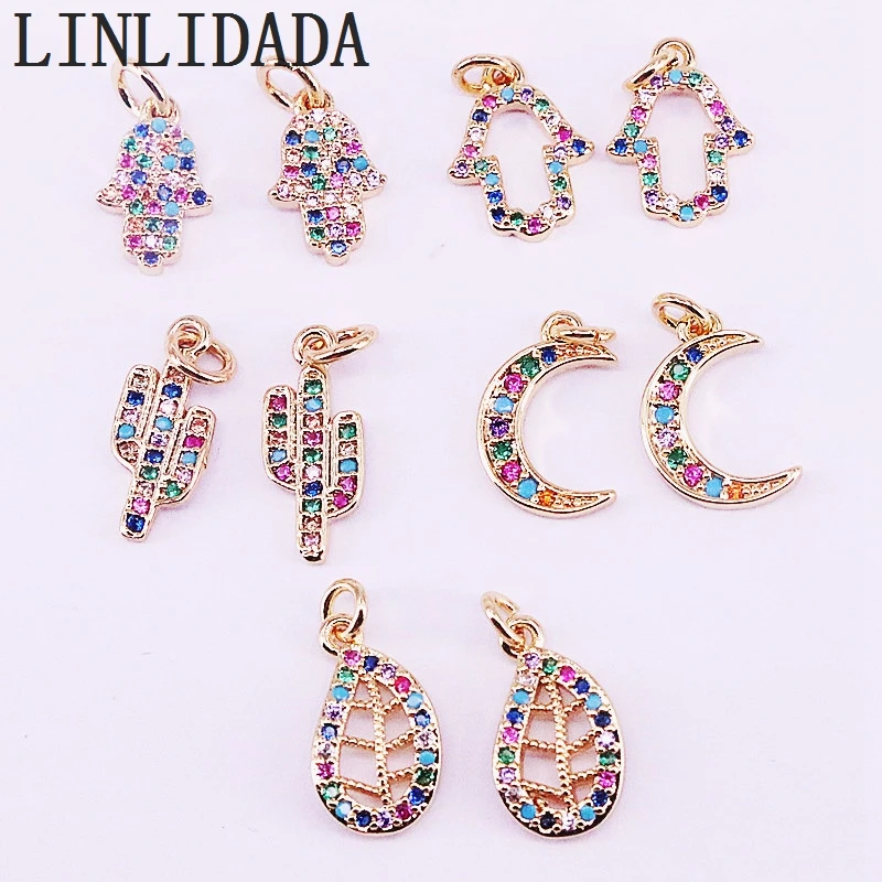 

New gold color Micro Pave Rainbow Cz moon/Hamsa Hand Pendant Charms for Jewelry Making Findings DIY Necklace Earring 10PCS
