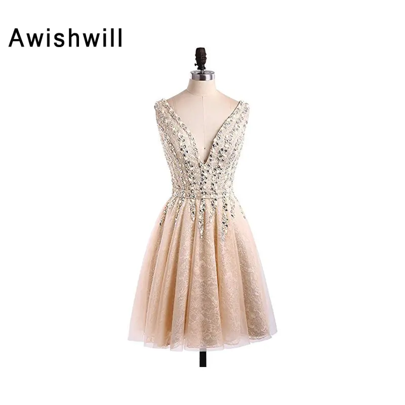 

Real Photo Custom Made V-neck Sleeveless Short Evening Dresses Beaded Lace Tulle Party Prom Gown Vestidos de Noche Cortos