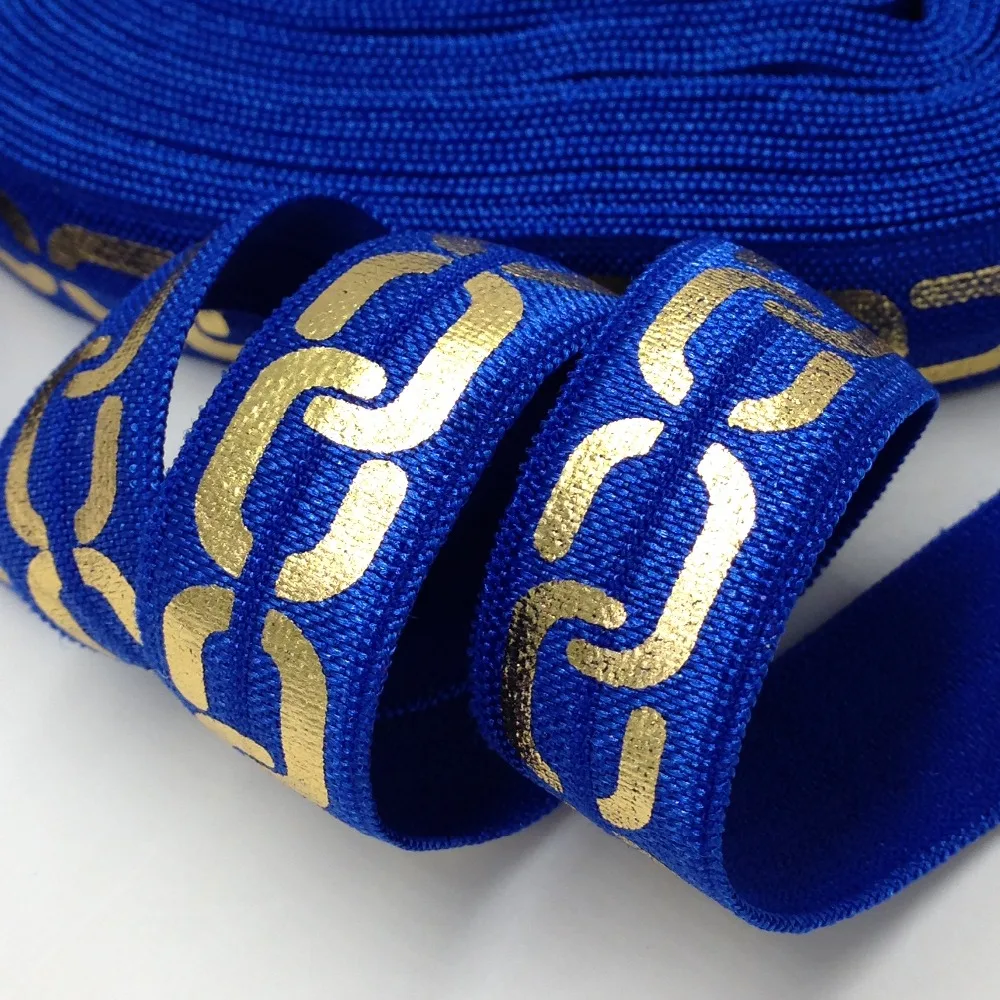 

5 Yards 5/8 Royal Blue Big Chains Printed Fold Over Elastic,DIY sewing elastic band, foe elastic ribbon for sewing