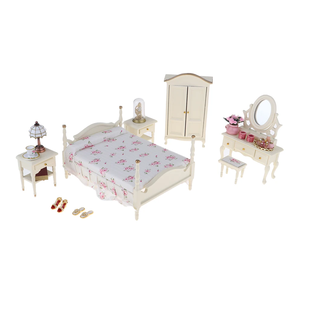 

12th Classic Wooden Dollhouse Bedroom Furniture Set -Bed, Beside Tables, Dresser, Stool and Wardrobe Set -13pcs