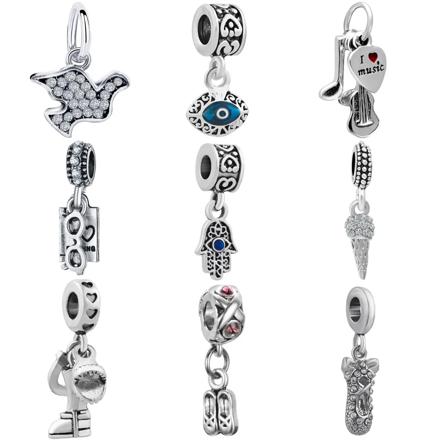 

2019 New Original Vintage Punk Bead Evil eye i love music pendant Charm Fit European Pandora Bracelet Necklace For Women Jewelry